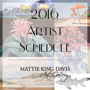 A collage of beach paintings with text: 2016 Artist Schedule, Mattie King Davis Art Gallery, and a shark illustration.