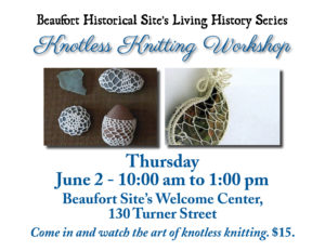 Knotless knitting workshop flyer with crocheted stones and workshop details in blue and black text.