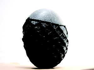 A gray stone wrapped halfway in a black net, standing upright against a white background.