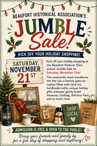 Holiday Jumble Sale flyer with event details, festive decorations, and vintage items like books and suitcases displayed.
