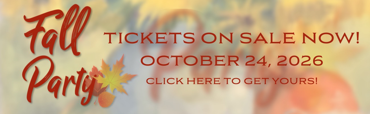 Fall Party event, tickets on sale for October 24, 2026, with autumn leaves and festive background.