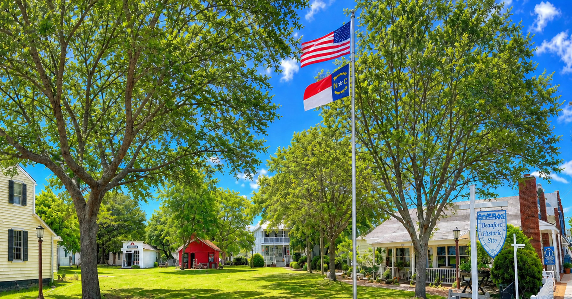 US and North Carolina flags flying over the Beaufort Historic Site.