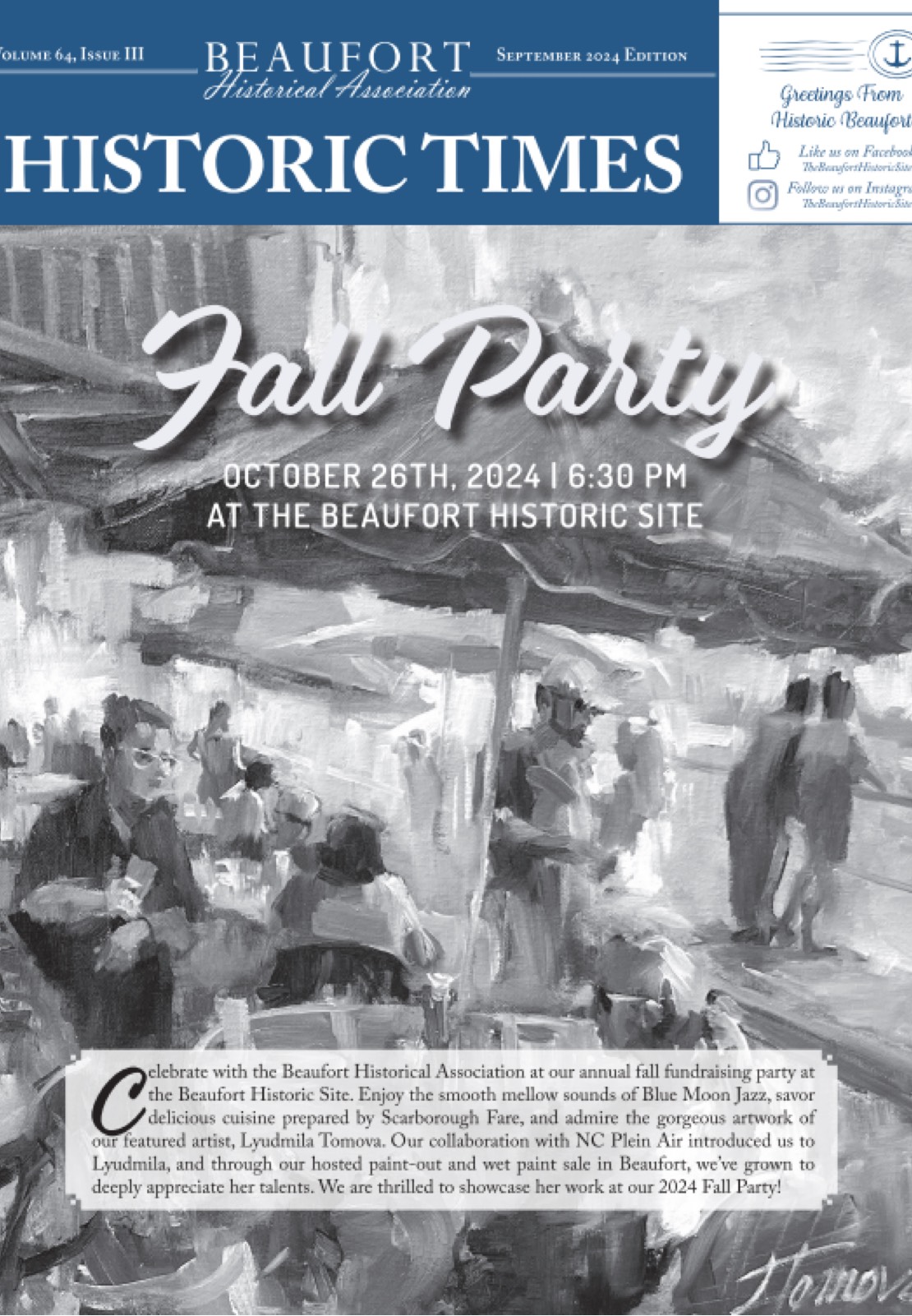 Beaufort Historical Association Historic Times newsletter announcing a Fall Party on October 26, 2024.
