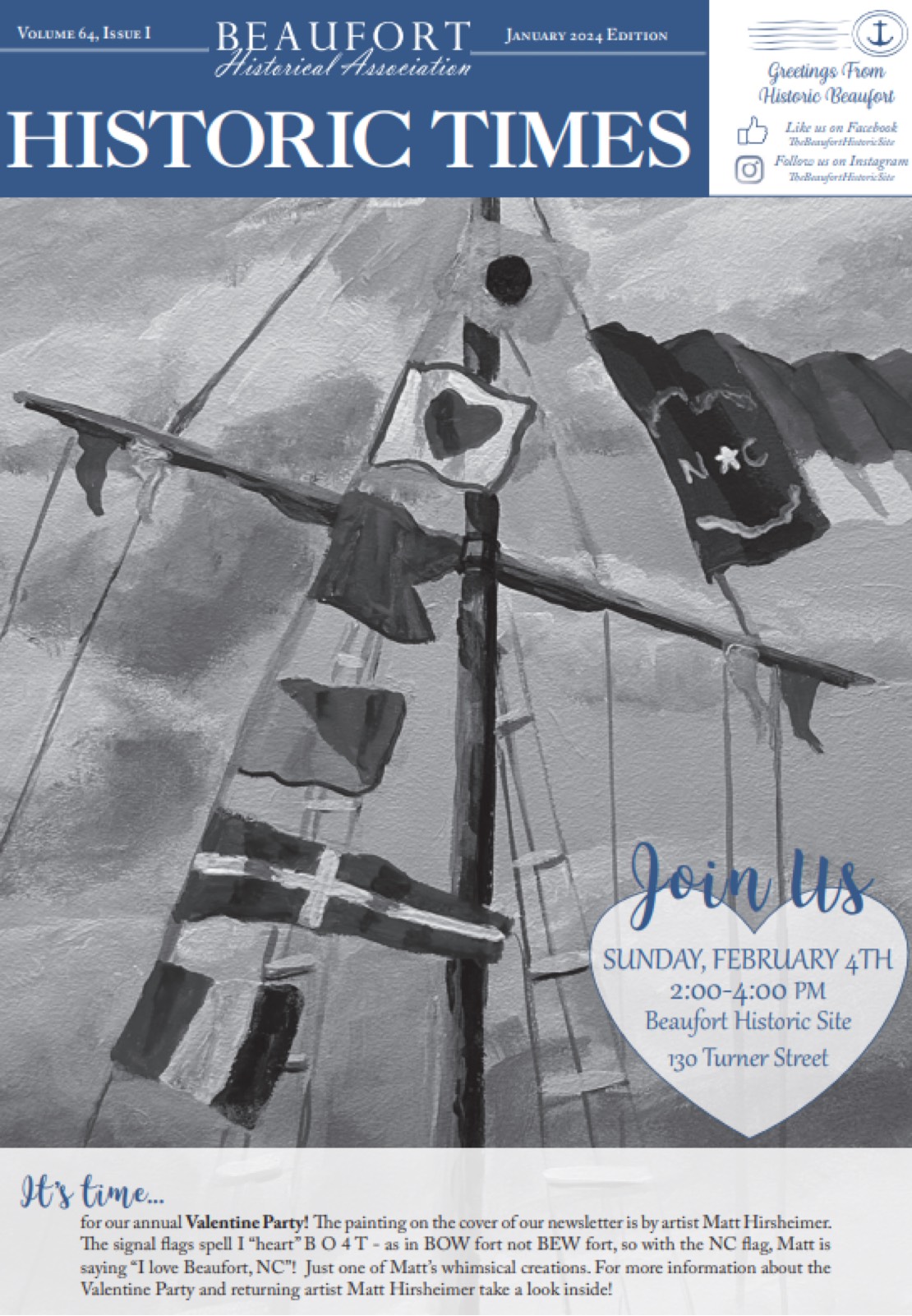 Beaufort Historical Association newsletter cover featuring a painting of a ship with signal flags for a Valentine party.