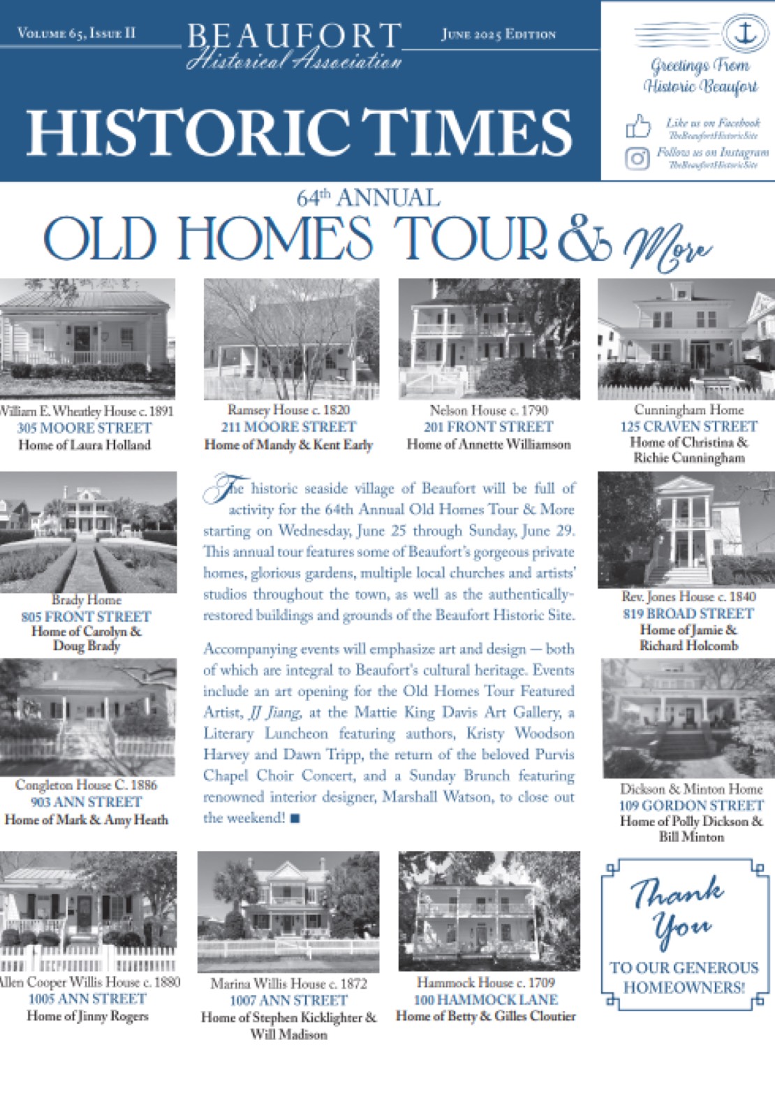 Newsletter for the 64th Annual Old Homes Tour, featuring photos and addresses of historic homes in Beaufort.