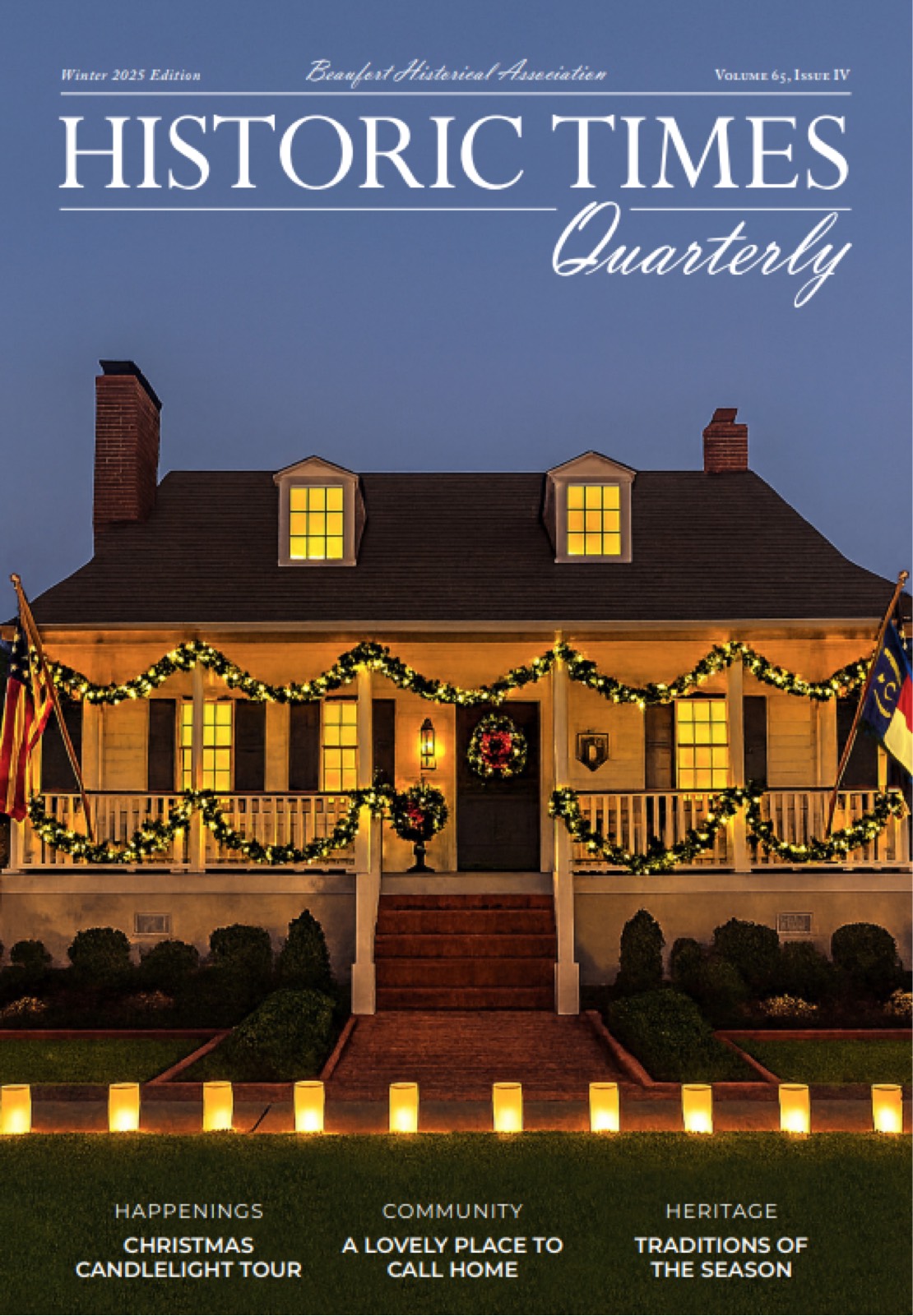 Winter 2025 issue of Historic Times Quarterly featuring a historic home decorated for Christmas.