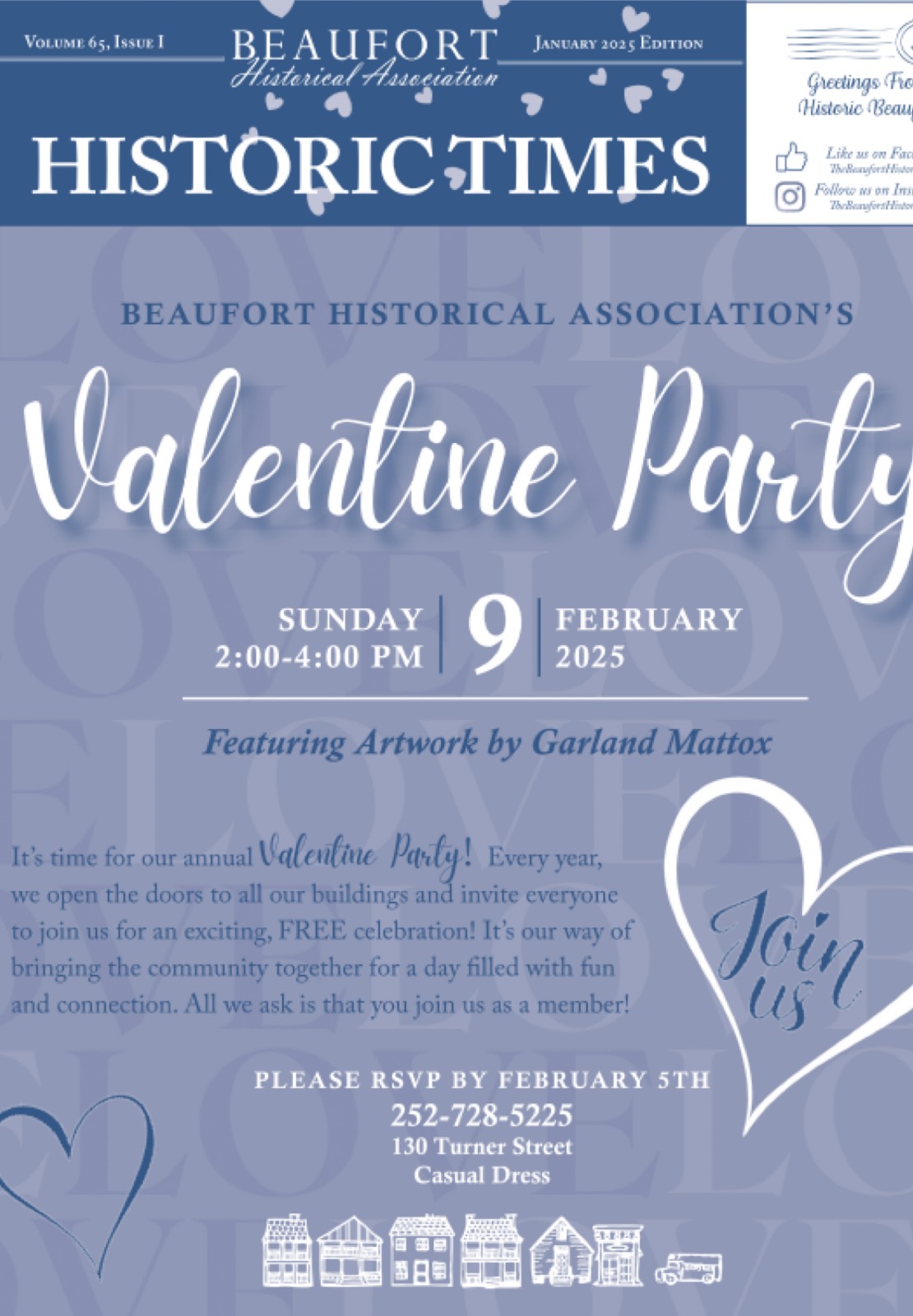Beaufort Historical Association Valentine Party flyer for Sunday, February 9, 2025, with RSVP and event details.